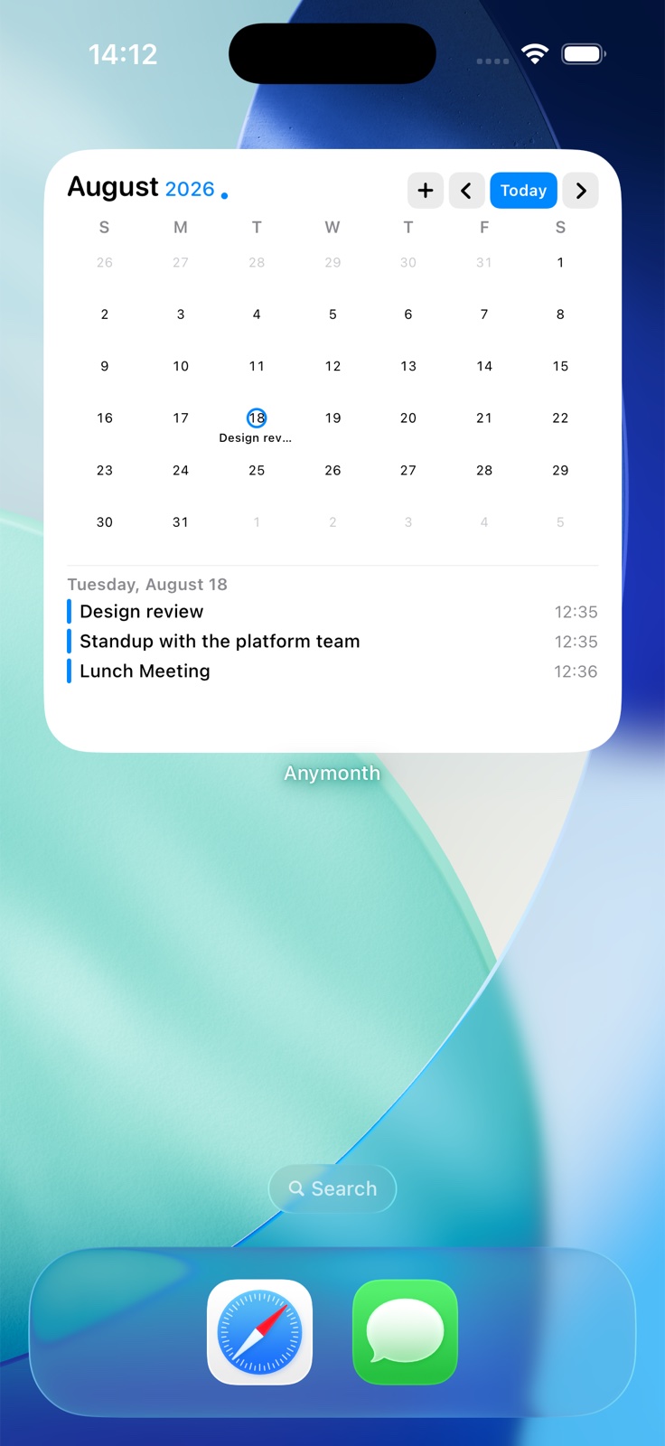 Anymonth calendar widget showing August 2026 and upcoming events on an iPhone Home Screen