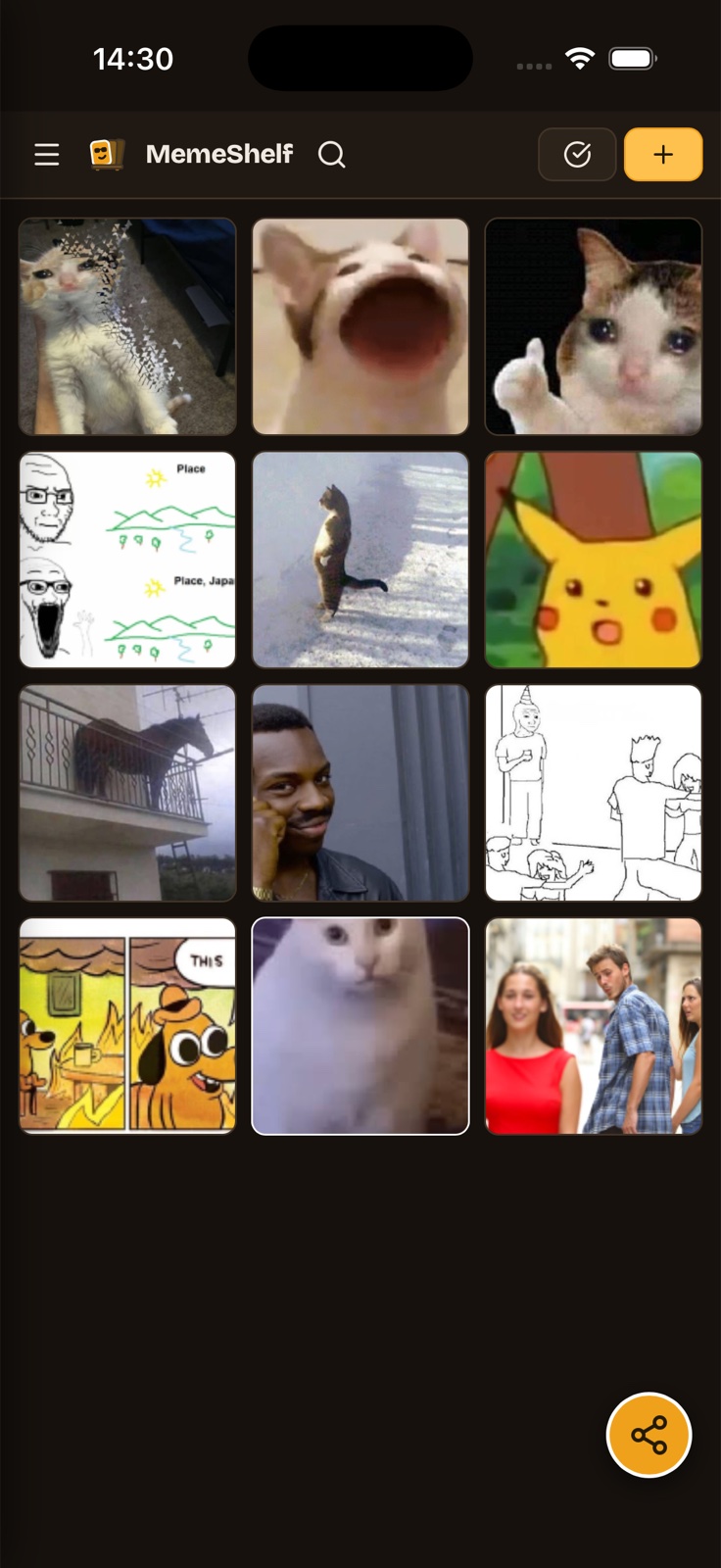 MemeShelf home screen showing a grid of saved memes and reaction images